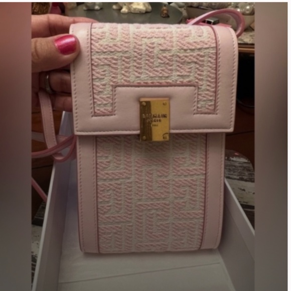 *Balmain* PRISTINE Leather Trimmed Pink Jacquard Canvas Monogram Crossbody - Picture 6 of 13